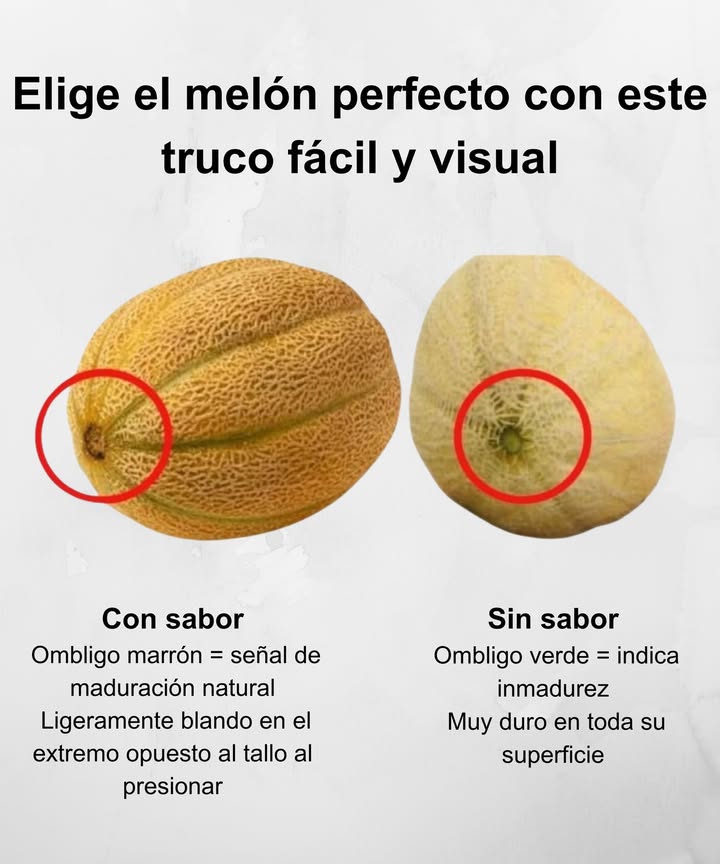 Elige el melón perfecto con este truco fácil y visual 

 Con sabor
 Ombligo marrón: maduración natural
 Ligeramente blando al presionar en el extremo

 Sin sabor
 Ombligo verde: inmaduro
直 Muy duro al tacto, sin aroma

 Más dulce, más jugoso, más delicioso!