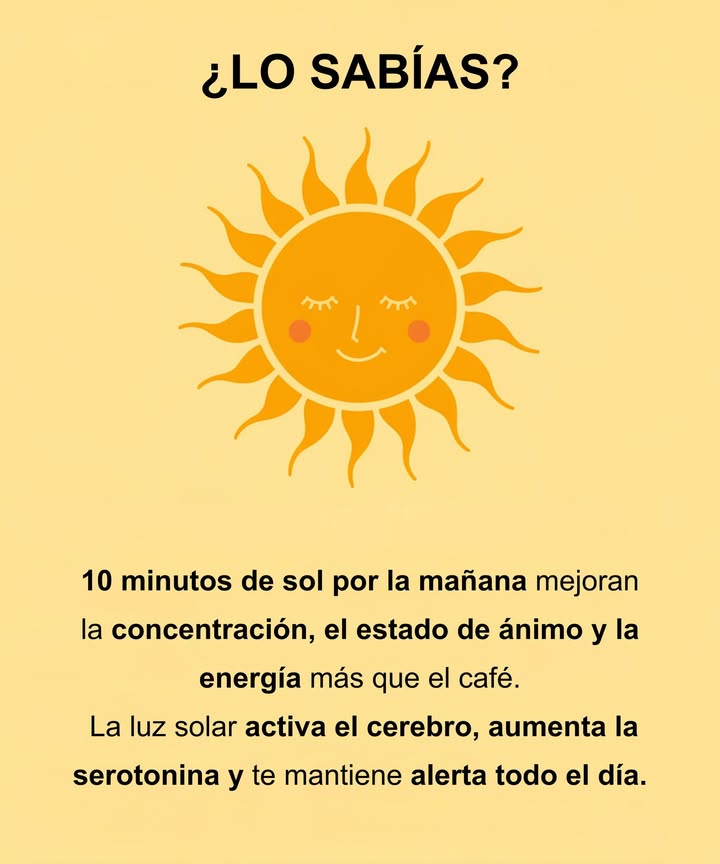 El mejor combustible para tu mente no está en el café  está en el sol de la mañana. 

Los estudios demuestran que solo 10 minutos de luz solar matutina pueden hacer más por tu concentración, ánimo y energía que una taza de café.
La luz de la mañana estimula la liberación de serotonina, la hormona de la felicidad que impulsa la motivación y la claridad mental.
También restablece el reloj interno del cuerpo, ayudándote a dormir mejor por la noche y mantenerte alerta durante el día.
A diferencia de la cafeína, que se desvanece rápido, la luz solar te mantiene equilibrado y con energía de forma natural  sin bajones ni nerviosismo.
Antes de tomar tu taza, sal afuera.

Respira, siente el calor y deja que la luz despierte tu mente. 
#SolDeLaMañana #EnergíaNatural #ClaridadMental