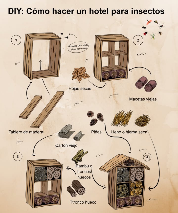 Da a las abejas, mariquitas y otros insectos beneficiosos un refugio seguro para anidar y pasar el invierno:

Construye un marco de madera sencillo.

Rellénalo con bambú, piñas, troncos y hojas secas.

Apila macetas viejas, cartón o paja para crear escondites.

Colócalo en un rincón soleado y protegido del jardín.
 Un hotel para insectos mejora la polinización, el control natural de plagas y la biodiversidad  todo de forma gratuita.