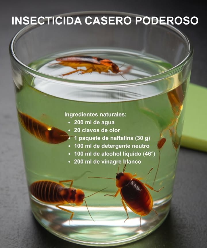 烈 INSECTICIDA CASERO PODEROSO 
Adiós a mosquitos, cucarachas y plagas con una fórmula natural, efectiva y económica 林

 Ingredientes naturales:
 200 ml de agua
 20 clavos de olor
 1 paquete de naftalina 30 g
識 100 ml de detergente neutro
 100 ml de alcohol líquido 46
 200 ml de vinagre blanco

 Preparación paso a paso:
1 Prepara el extracto de clavo: hierve los clavos en 200 ml de agua durante 2 minutos, tapa y deja reposar 5 minutos.
2 Disuelve la naftalina: vierte el extracto caliente en un recipiente y añade la naftalina, removiendo hasta disolver.
3 Mezcla final: pasa la mezcla a una botella PET, agrega el vinagre, el alcohol y el detergente, y agita bien.
4 Aplicación efectiva: coloca en un atomizador y rocía ventanas, puertas, zócalos y rincones donde aparezcan insectos.

 Casa libre de plagas, sin tóxicos ni productos caros.
Una protección natural y duradera que huele bien y funciona 

#InsecticidaCasero #ControlNatural  烈