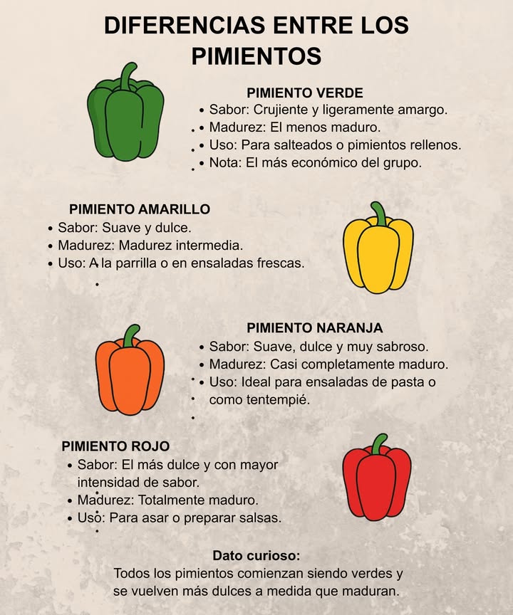 Diferencias entre los pimientos

 Pimiento verde  Crujiente, con ligero toque amargo. Es el menos maduro y el más económico. Perfecto para salteados o rellenos.

 Pimiento amarillo  Suave y dulce, con madurez intermedia. Ideal a la parrilla o en ensaladas frescas.

 Pimiento naranja  Dulce, jugoso y muy sabroso. Casi maduro por completo, perfecto para ensaladas de pasta o como tentempié.

 Pimiento rojo  El más dulce y de sabor intenso. Totalmente maduro, excelente para asar o preparar salsas.

 Dato curioso: todos los pimientos comienzan siendo verdes y se vuelven más dulces conforme maduran.