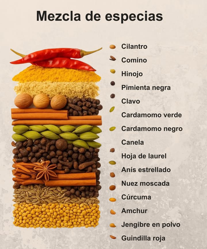 Mezcla de especias para dar sabor y salud 

 Ingredientes básicos:
 Cilantro
 Comino
 Hinojo
 Pimienta negra
 Clavo
 Cardamomo verde
 Cardamomo negro
 Canela
 Hoja de laurel
 Anís estrellado
 Nuez moscada
 Cúrcuma
 Amchur
 Jengibre en polvo
 Guindilla roja

 Una combinación aromática que transforma tus platos y potencia sus beneficios naturales.