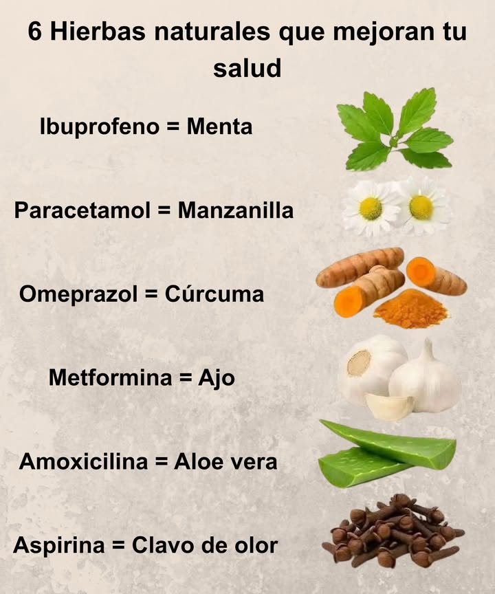 6 Hierbas naturales que apoyan tu bienestar 

 Menta   efecto calmante y refrescante, ayuda a aliviar dolores de cabeza.
 Manzanilla   antiinflamatoria y suave analgésica, ideal para malestares leves.
 Cúrcuma   protege el estómago y favorece la digestión.
 Ajo 龍  regula el azúcar en la sangre y fortalece el sistema inmune.
 Aloe vera   propiedades antibacterianas y cicatrizantes naturales.
 Clavo de olor   alivia el dolor y aporta antioxidantes potentes.

 La naturaleza ofrece alternativas que pueden complementar el cuidado de tu salud de forma segura y efectiva.