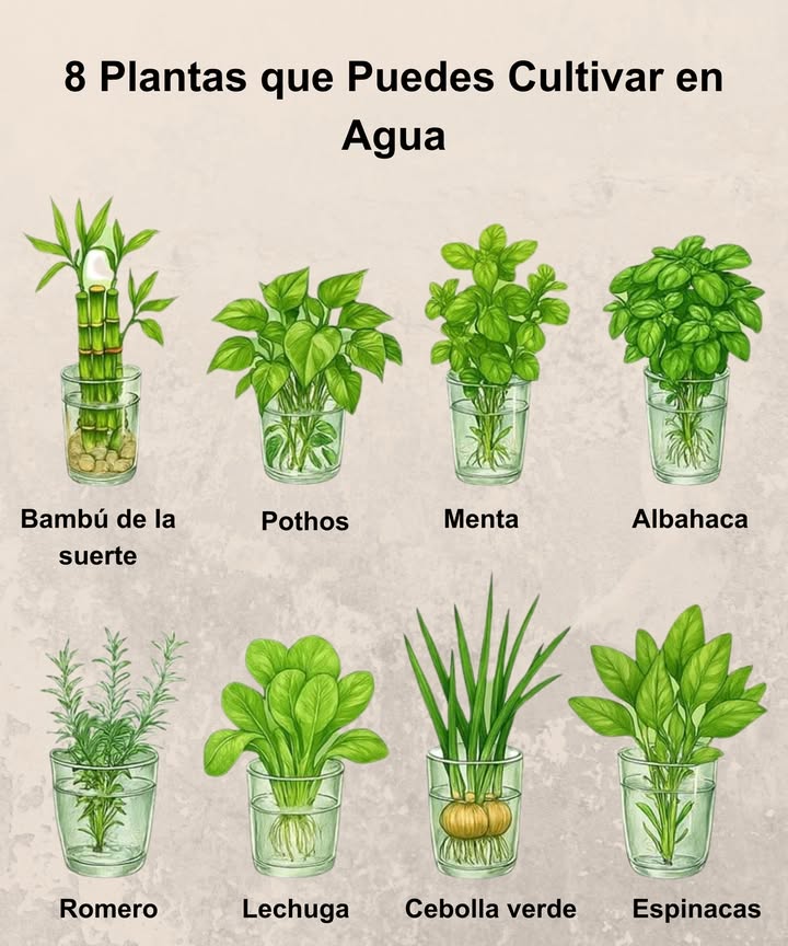8 Plantas que Crecen en Agua 

 Bambú de la suerte  Aporta armonía y prosperidad.
 Pothos  Decorativo y purificador del aire.
 Menta  Refrescante y aromática para infusiones.
 Albahaca  Perfecta para dar sabor a tus platos.
 Romero  Estimula la memoria y aromatiza el hogar.
塞 Lechuga  Fácil de regenerar desde la base.
暈 Cebolla verde  Rebrota rápido y lista para cosechar.
綾 Espinacas  Fuente de hierro y vitaminas en tu mesa.

 Una forma práctica y sostenible de tener siempre frescas tus plantas favoritas.