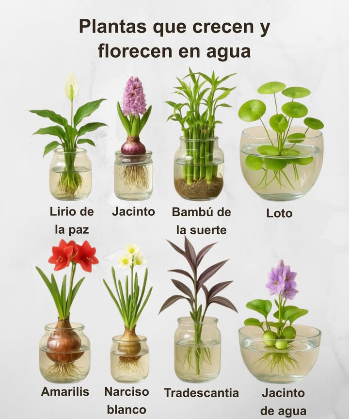 Plantas que crecen y florecen en agua 

 Ideales para interiores luminosos:

Lirio de la paz  elegante y resistente.
Jacinto  flores perfumadas.
Bambú de la suerte  símbolo de prosperidad.
Loto  toque zen y espiritual.
Amarilis  flor grande y vistosa.
Narciso blanco  aroma delicado y pureza.
Tradescantia  hojas coloridas y exóticas.
Jacinto de agua  flotante y tropical.

 Solo cambia el agua cada semana y disfruta de su belleza natural.
