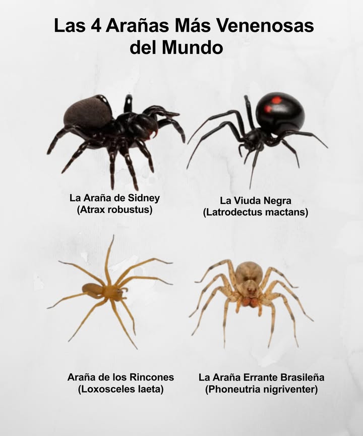 Las 4 Arañas Más Venenosas del Mundo  

Aunque la mayoría no representan un peligro, hay algunas especies cuyos venenos pueden causar daños graves o incluso la muerte. Conocerlas es clave para prevenir accidentes.  
 
 1. Araña de Sídney Atrax robustus  
 Mortal en menos de una hora, su veneno afecta rápidamente el sistema nervioso.  
 2. Viuda Negra Latrodectus mactans  
 Su veneno es 15 veces más potente que el de una cascabel, causando dolor intenso y espasmos.  
 3. Araña de los Rincones Loxosceles laeta  
 Su mordedura provoca necrosis severa en la piel y puede afectar órganos vitales.  
 4. Araña Errante Brasileña Phoneutria nigriventer  
 Muy agresiva, su veneno neurotóxico es devastador, siendo reconocida como la más venenosa.  

Estas arañas ayudan a controlar plagas, pero el contacto humano puede ser riesgoso. La mejor estrategia siempre es informarse y prevenir.