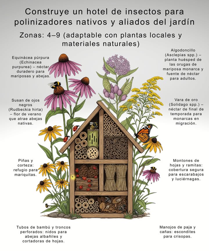 Ofrece a los insectos beneficiosos un lugar seguro para vivir, anidar y prosperar, mientras fortaleces la salud de tu jardín.
Zonas: 49 adaptable con plantas locales y materiales naturales.

 Tubos de bambú y troncos perforados  refugios para abejas albañiles y cortadoras de hojas.
 Piñas y cortezas  abrigo invernal para mariquitas.
 Fardos de paja y cañas  escondites para crisopas.
 Hojas secas y ramas  hábitat para escarabajos y luciérnagas.
 Flores autóctonas cercanas  el algodoncillo, la equinácea y la vara de oro mantienen bien alimentados a los polinizadores.

 Un hotel para insectos aporta biodiversidad todo el año, convirtiendo tu jardín en un ecosistema lleno de vida. 曆