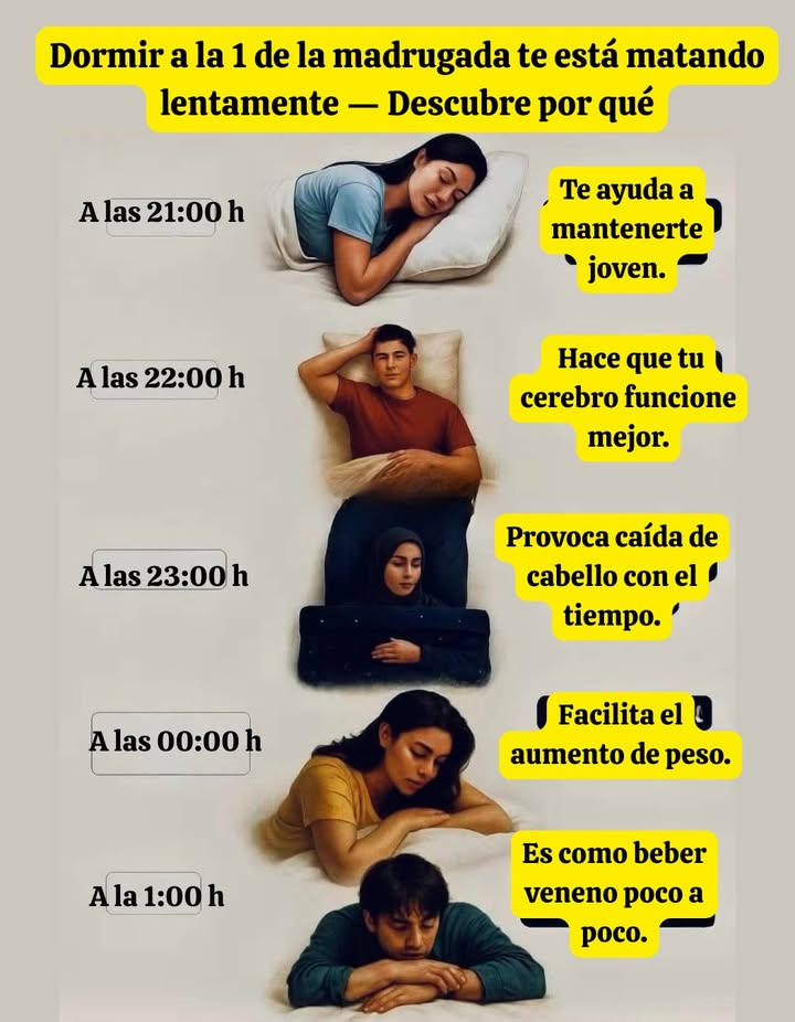 El horario del sueño influye directamente en la salud

Dormir temprano favorece el equilibrio hormonal, la regeneración celular y el descanso mental. Retrasar la hora de dormir puede afectar el metabolismo, el estado de ánimo y la capacidad de concentración.

 Dormir a las 21:00
Favorece la regeneración y ayuda a mantener la juventud.

 Dormir a las 22:00
Potencia la función cerebral y mejora la memoria.

 Dormir a las 23:00
Puede aumentar la caída del cabello por desequilibrio hormonal.

 Dormir a medianoche
Favorece el aumento de peso y altera el metabolismo.

 Dormir a la 1:00
Afecta la función celular y acelera el envejecimiento.

 Mantener un horario de sueño regular y acostarse antes de las 23:00 ayuda al cuerpo a recuperarse mejor y a mantener una buena salud general.