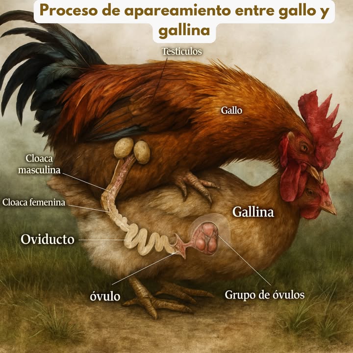 讀 Proceso de apareamiento entre gallo y gallina 讀

El apareamiento en aves de corral es diferente al de otros animales, ya que no existe pene ni vagina, sino un contacto llamado beso cloacal.

 El gallo posee testículos internos donde se producen los espermatozoides. Estos pasan a la cloaca masculina, lista para la fecundación.

 La gallina cuenta con un sistema reproductor en forma de oviducto, donde se desarrollan los huevos. Sus óvulos viajan hasta la cloaca femenina.

 Durante la cópula, el gallo se sube sobre la gallina y ambos ponen en contacto sus cloacas. Así los espermatozoides entran en el oviducto de la hembra.

 Una vez dentro, los espermatozoides pueden sobrevivir varios días, fecundando distintos óvulos. Esto permite que una gallina siga poniendo huevos fértiles incluso sin un nuevo apareamiento inmediato.

 Resultado: del óvulo fecundado se forma el huevo fértil, que con incubación adecuada dará origen a un pollito