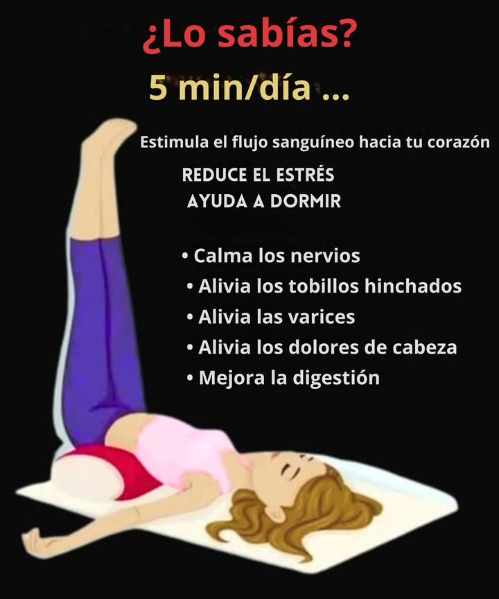 Levantarse las piernas 5 minutos al día aporta numerosos beneficios   
Favorece la circulación sanguínea hacia el corazón  
Reduce el estrés y aporta una sensación de relajación  
Facilita el sueño  
Calma el sistema nervioso  
Disminuye la hinchazón de los tobillos  
Alivia las varices y las piernas pesadas  
Mitiga los dolores de cabeza  
Ayuda a una mejor digestión