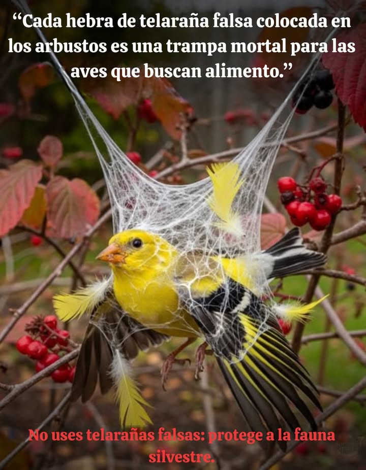 Evita las telarañas falsasprotege la vida silvestre!   
Esas decoraciones de telarañas atrapan aves, abejas y mariposas, provocando innumerables muertes cada otoño.  

 Opta por decoraciones espeluznantes más seguras:  
 Calabazas  calabacines  
 Tallos de maíz secos  
 Linternas de papel  
 Coronitas naturales con hojas de otoño  
Mantén viva la magia sin dañar a las criaturas del jardín.   

#WildlifeFriendly #AmigableConLaVidaSilvestre #EcoHalloween #HalloweenEcológico