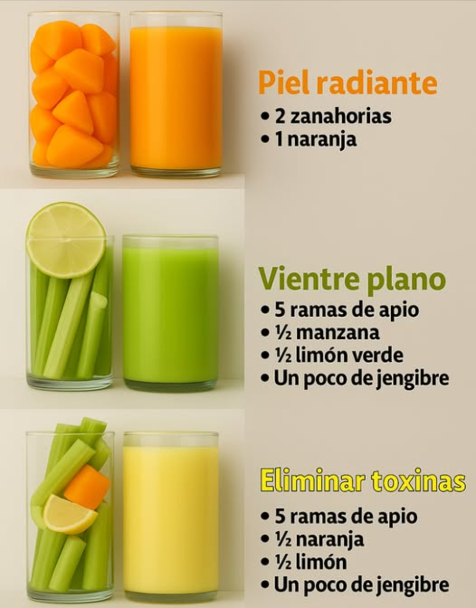 Jugos Naturales para Cuidar tu Cuerpo desde Adentro 凌
 Piel radiante: combina 2 zanahorias y 1 naranja para aportar betacarotenos y vitamina C, que ayudan a mantener la piel luminosa y saludable.
 Vientre plano: mezcla 5 ramas de apio,  manzana,  limón verde y un poco de jengibre para favorecer la digestión y reducir la hinchazón.
 Eliminar toxinas: une 5 ramas de apio,  naranja,  limón y un poco de jengibre para depurar el organismo y fortalecer el sistema inmunológico.
Una forma simple, natural y deliciosa de sentirte bien cada día. 磻