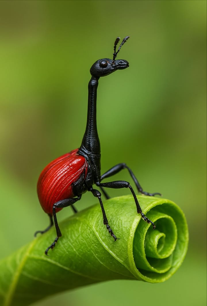 ÉL SE PARECE A UNA JIRAFA.  
ÉL PELEA COMO UN GUERRERO.  
ÉL CONSTRUYE COMO UN PADRE.  

Conoce al Escarabajo Jirafa  un insecto tan extraño que parece que la naturaleza hizo una broma y olvidó presionar deshacer.  

Endémico de Madagascar, este insecto tiene un cuello que puede ser de dos a tres veces más largo que su cuerpo  al menos si eres un macho. Pero no te dejes engañar. No es un defecto de diseño. Es una herramienta de batalla.  

Cuando los rivales se encuentran, no rugen.  
Luchan  en cámara lenta, al estilo insecto.  

Bloqueos de cuello. Empujones. Volteretas.  
El victorioso gana el derecho a aparearse.  

Pero aquí está el giro: esa misma arma de guerra se convierte en una herramienta de cuidado.  
Los machos utilizan sus largos cuellos para ayudar a las hembras a enrollar hojas en pequeños viveros verdes  cunas protectoras para sus huevos. Es construcción. Es cooperación. Es instinto convertido en arte.  

Con cuerpos rojo fuego y cuellos negro obsidiana, los escarabajos jirafa parecen insectos diseñados por un creador de ciencia ficción con debilidad por los dinosaurios.  

Apenas del tamaño de un clip   
Pero armados con arquitectura, romance y combate ritual en su ADN.  

Prueba de que en el mundo de los insectos, la evolución no desperdicia nada.  
Incluso un cuello ridículo puede ser la clave para el amor, el legado y la vida.  

#GiraffeWeevil #GiraffeWeevil #NatureIsWeird #LaNaturalezaEsRara #Wildlife #VidaSilvestre