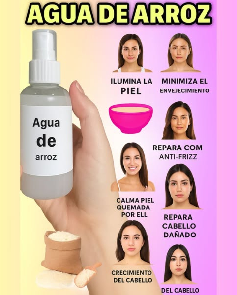 Agua de Arroz Casera: el tónico natural que tu piel y cabello amará 
Fácil, económico y lleno de beneficios 
蓼 Ingredientes:
 Agua 
 Arroz la cantidad que tú decidas 
 Paso a paso:
1. Lava bien el arroz.
2. Colócalo en un tazón y cúbrelo con agua al menos dos dedos por encima. 
3. Déjalo reposar de 15 a 30 minutos.
4. Cuela y guarda el agua en una botella limpia.
5. Usa con algodón o directamente como tónico facial.
6. Guarda en el refrigerador.
7. Dura aprox. 1 semana.
 Beneficios mágicos:
 Hidrata, tonifica y suaviza
 Aclara y reduce manchas
 Minimiza poros y controla grasa
 Efecto mate inmediato
 Antiedad y antiacné
 También fortalece tu cabello!
林 Ideal para piel grasa, puntos negros, acné… y brillo natural sin esfuerzo!