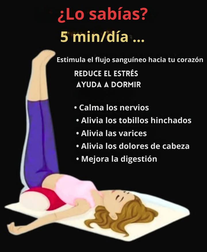 Levantarse las piernas 5 minutos al día aporta numerosos beneficios   
Favorece la circulación sanguínea hacia el corazón  
Reduce el estrés y aporta una sensación de relajación  
Facilita el sueño  
Calma el sistema nervioso  
Disminuye la hinchazón de los tobillos  
Alivia las varices y las piernas pesadas  
Mitiga los dolores de cabeza   
Ayuda a una mejor digestión