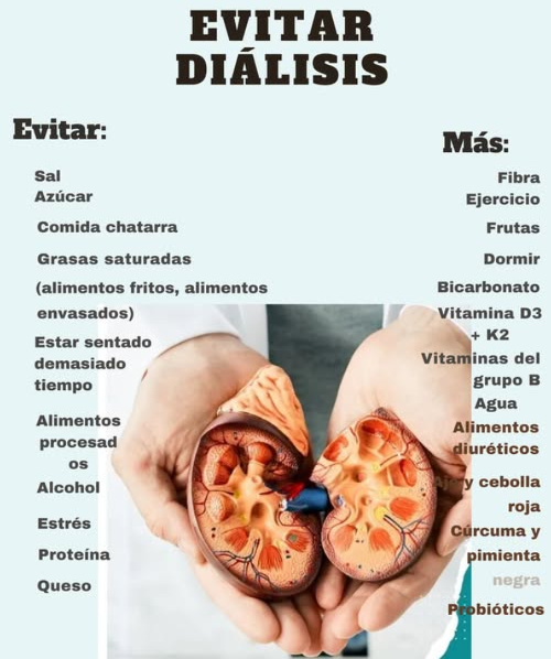 EVITAR DIÁLISIS
Evitar:
Sal
Azúcar
Comida chatarra
Grasas saturadas fritos, envasados
Estar sentado mucho tiempo
Alimentos procesados
Alcohol
Estrés
Exceso de proteína
Queso
Más:
Fibra
Ejercicio
Frutas
Dormir bien
Bicarbonato
Vitamina D3  K2
Vitaminas del grupo B
Agua
Alimentos diuréticos
Ajo y cebolla roja
Cúrcuma y pimienta negra
Probióticos