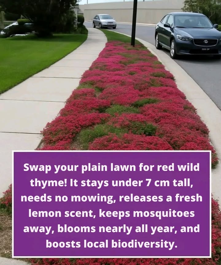 Red wild thyme: a sustainable floral carpet 

Red wild thyme, often planted along pathways or in urban gardens, is a low-growing ground cover that combines beauty with practicality. It stays under 7 cm tall, requires no mowing, and releases a refreshing lemon scent when in bloom.

1 Eco-friendly alternative  replaces traditional lawns while reducing maintenance and water use.
2 Environmental benefits  naturally repels mosquitoes, blooms for most of the year, and supports biodiversity by attracting pollinators.
3 Decorative value  its vibrant color creates a striking ornamental effect, turning dull spaces into lively garden spots.
4 Minimal care  tough and resilient, it thrives even in challenging conditions with little effort.

 This plant is the ideal choice for anyone looking for a fragrant, lively, and easy-to-manage green space that blends elegance with sustainability