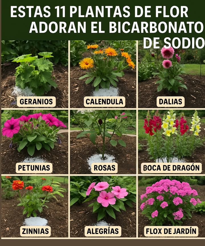 9 Plantas de Flor que Adoran el Bicarbonato de Sodio 

El bicarbonato de sodio es un recurso sencillo que puede favorecer la salud y el vigor de muchas plantas ornamentales. Ayuda a equilibrar el pH del suelo y a mantener un ambiente más saludable para sus raíces.

Entre las especies que mejor responden destacan:
 
1 Geranios
2 Caléndula
3 Dalias
4 Petunias
5 Rosas
6 Boca de dragón
7 Zinnias
8 Alegrías Impatiens
9 Flox de jardín