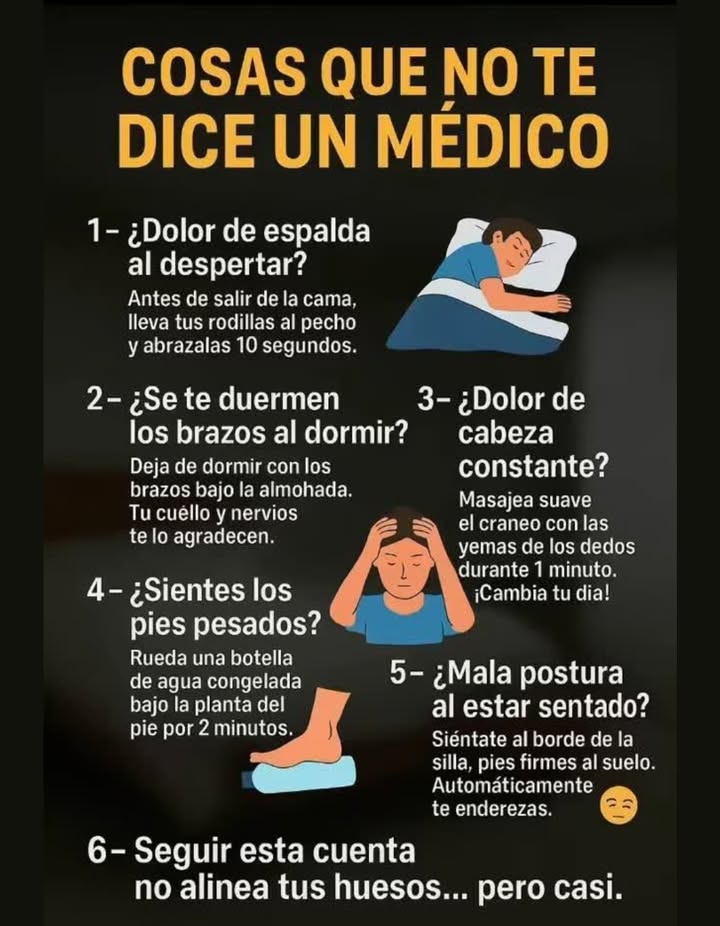 Consejos corporales para aliviar molestias comunes

Pequeños ajustes en la rutina pueden marcar la diferencia en el bienestar físico diario.

1 Dolor de espalda al despertar
Antes de levantarte, lleva las rodillas al pecho y abrázalas por 10 segundos. Ayuda a relajar la zona lumbar.

2 Adormecimiento de brazos al dormir
Evita colocar los brazos bajo la almohada. Así reduces la presión sobre el cuello y los nervios.

3 Dolores de cabeza frecuentes
Realiza un suave masaje en el cráneo con las yemas de los dedos durante un minuto. Favorece la circulación y la relajación.

4 Sensación de pies pesados
Rueda una botella de agua congelada bajo la planta del pie por 2 minutos. Mejora la circulación y alivia la tensión.

5 Mala postura al estar sentado
Siéntate al borde de la silla con los pies apoyados firmemente en el suelo. Favorece una postura más erguida de forma natural.