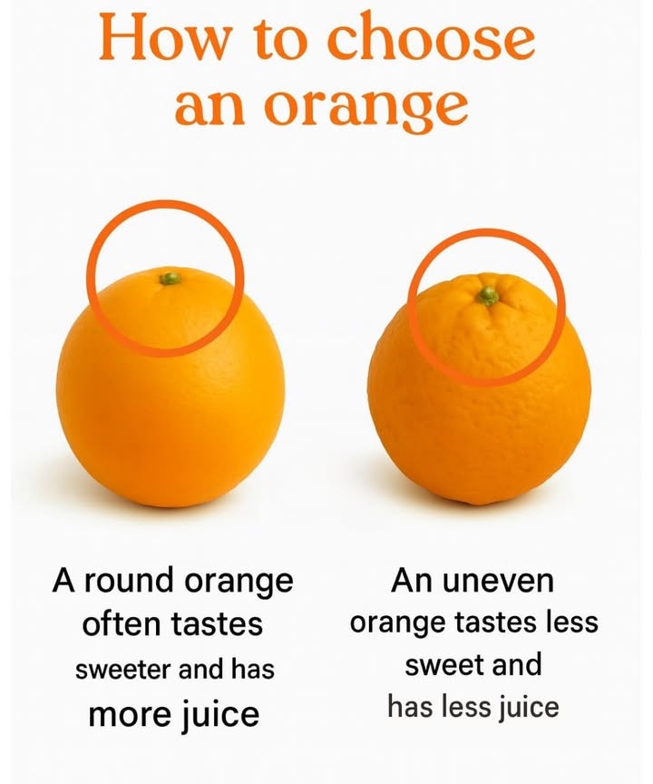 Choose round, evenly shaped oranges
A balanced shape usually indicates that the fruit has developed well and is packed with juice inside. Irregular shapes can sometimes mean less flavor or uneven ripening.

 Pick the heavier ones
When two oranges are the same size, always go for the heavier one. Extra weight is a sign that its loaded with juice and will taste fresher and sweeter.

 Check the skin
The peel should be firm, smooth, and have a vibrant color. This shows that the orange is ripe and full of flavor. Avoid fruit with wrinkled or dull skin, as it may be old or dry.

 Avoid light or spongy fruit
If the orange feels too light for its size or slightly spongy when pressed, its likely lacking juice inside and wont taste as good.