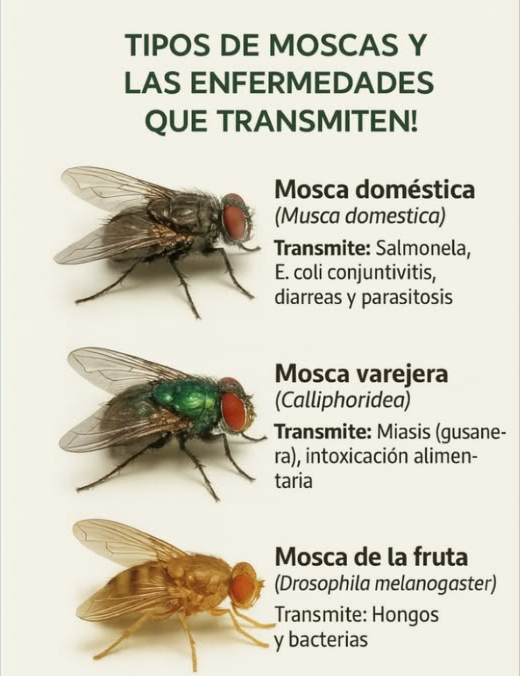 練 Conoce las moscas y las enfermedades que transmiten
 Mosca doméstica: Salmonela, E. coli, conjuntivitis, diarreas, parasitosis
 Mosca varejera: Miasis gusanera, intoxicación alimentaria
 Mosca de la fruta: Hongos y bacterias
 Mantén tu hogar limpio y protegido!
#Moscas #Enfermedades #SaludPreventiva 練