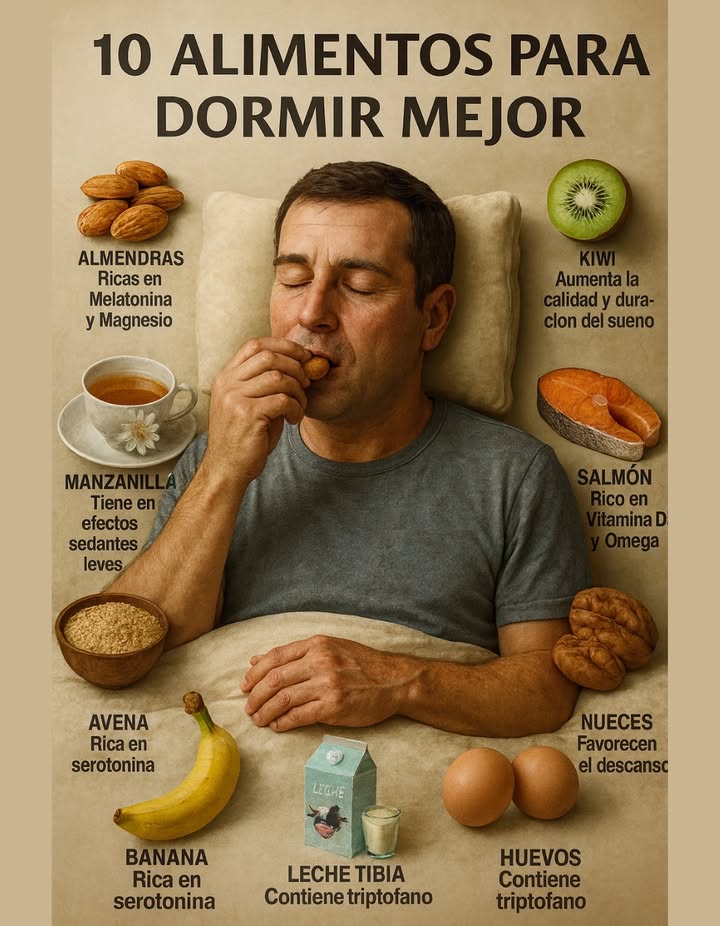 Los 10 mejores alimentos para Dormir como un bebé 
 Kiwi  Mejora la calidad del sueño  
Es rico en antioxidantes y serotonina, sustancias que ayudan a regular el ciclo del sueño. Estudios indican que consumir kiwi antes de acostarse puede mejorar tanto la duración como la eficiencia del descanso.
 Salmón  Fuente de vitamina D y omega-3  
Estos nutrientes favorecen la producción de serotonina, esencial para inducir el sueño. Además, la vitamina D contribuye a mantener un ritmo biológico saludable.
###  Nueces  Promueven el descanso natural  
Contienen melatonina de forma natural, la hormona que regula el sueño. También aportan grasas saludables que benefician la función cerebral durante la noche.
 Avena  Estimula la serotonina  
Sus carbohidratos complejos ayudan a liberar insulina, lo que facilita la entrada de triptófano al cerebro y favorece la producción de serotonina, clave para relajarse.
 Banana  Rica en triptófano y magnesio  
El magnesio relaja los músculos, mientras que el triptófano se transforma en serotonina y melatonina, ayudando a conciliar el sueño de forma natural.
###  Manzanilla  Infusión relajante  
Contiene apigenina, un antioxidante que se une a receptores cerebrales y promueve la somnolencia. Es una opción ideal como bebida nocturna sin cafeína.
 Almendras  Fuente natural de melatonina  
Además de melatonina, aportan magnesio, que ayuda a reducir el estrés y mejora la calidad del sueño.
拏 Leche tibia  Contiene triptófano  
El calcio presente en la leche ayuda al cerebro a transformar el triptófano en melatonina. Tomarla tibia potencia su efecto relajante.
燎 Queso fresco  Rico en proteínas y calcio  
Las proteínas ayudan a mantener estables los niveles de azúcar en sangre durante la noche, y el calcio favorece la producción de melatonina.
讀 Huevos  Aportan triptófano  
Son una fuente completa de proteínas y contienen triptófano, que contribuye a la síntesis de serotonina y melatonina, facilitando el descanso.
 Consejo final  
Incluye estos alimentos en la cena o consúmelos entre 1 y 2 horas antes de acostarte. Evita las porciones grandes: comer en exceso puede dificultar el sueño. Lo ideal es optar por una comida ligera y equilibrada que favorezca la relajación sin sobrecargar la digestión.