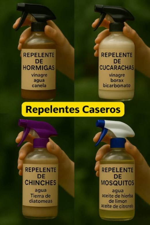 荒 Spray para hormigas: Mezcla 1 taza de vinagre, 1 taza de agua y 1 cucharadita de canela molida o 5 gotas de aceite de canela en una botella pulverizadora. Agita bien y rocía alrededor de puertas, ventanas y senderos de hormigas.
練 Spray para cucarachas: Combina 1 taza de vinagre, 1 cucharada de bórax, 10 gotas de aceite de clavo y 1 cucharada de bicarbonato de sodio en una botella pulverizadora hará efervescencia. Rocía en áreas propensas a cucarachas como debajo del fregadero.
 Spray para chinches: Mezcla 1 taza de agua con 2 cucharadas de Tierra de Diatomeas de grado alimenticio en una botella pulverizadora. Agita y rocía ligeramente los colchones, marcos de cama y bordes de alfombras. Deja secar.
烈 Spray para mosquitos: Mezcla 1 taza de agua con 10 gotas de aceite de citronela y 10 gotas de aceite de hierba limón en una botella pulverizadora. Agita antes de usar. Rocía alrededor de ventanas y patios.