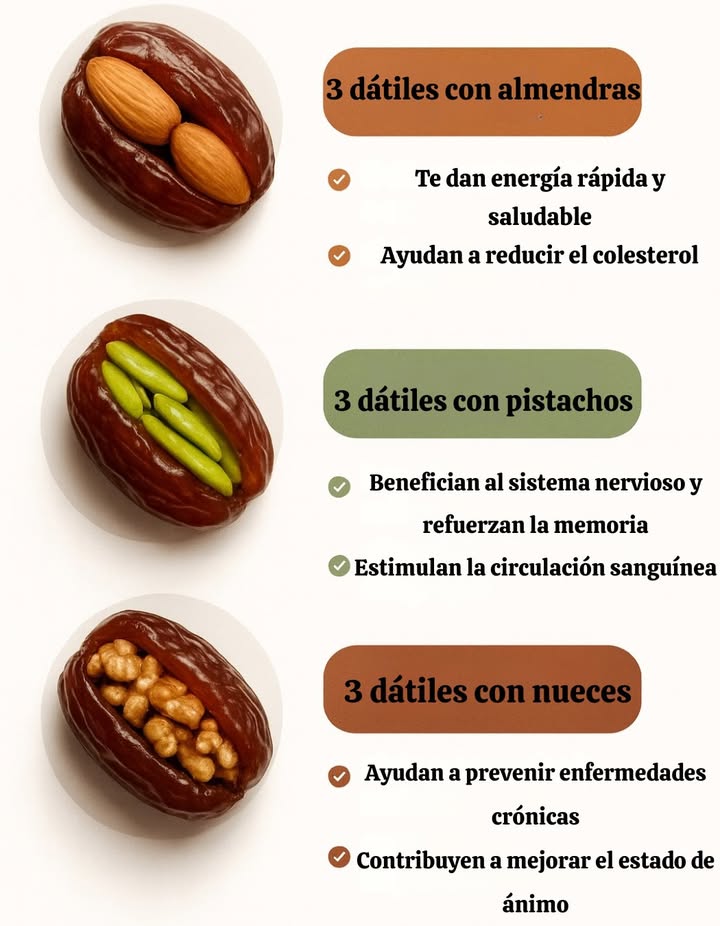 Dátiles rellenos de frutos secos: snack natural e inteligente 

Idea principal  
Un tentempié práctico que une los azúcares suaves del dátil con las fibras, grasas saludables y proteínas de los frutos secos. Energía constante, saciedad agradable.

Dátiles con almendras  
 2 almendras en cada dátil  
 Ideales antes de un esfuerzo físico o durante el trabajo  
 Grasas insaturadas y fibras que, en una alimentación equilibrada, pueden ayudar al equilibrio lipídico  

Dátiles con pistacho  
 Granos de pistacho verde en su interior  
 Mezcla de carbohidratos y grasas saludables para favorecer la concentración y estabilidad  
 Antioxidantes que pueden apoyar los nervios y la circulación  

Dátiles con nueces  
 Media nuez por dátil  
 Saciedad satisfactoria gracias a grasas de calidad y fibras  
 Ácidos grasos que, en el contexto de una dieta completa, pueden apoyar el bienestar general y el estado de ánimo  

Porción recomendada  
 3 dátiles rellenos = 1 porción, con un vaso de agua o café árabe  

Nota para quienes deben controlar los azúcares  
 Los dátiles son naturalmente ricos en azúcares: regular la cantidad en caso de diabetes o dietas hipocalóricas  

Síntesis  
Tres bocados inteligentes con almendras, pistachos y nueces: fáciles de preparar, sabrosos, con energía suave y perfil nutricional variado si se consumen con moderación dentro de una dieta equilibrada.