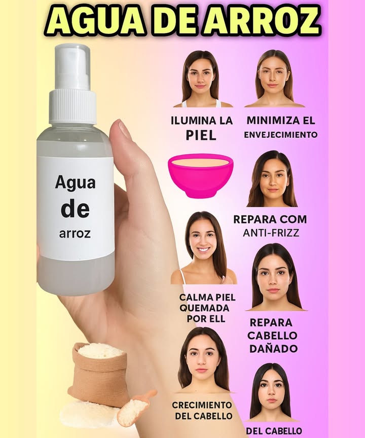 Agua de Arroz Casera: el tónico natural que tu piel y cabello amará 
Fácil, económico y lleno de beneficios 
蓼 Ingredientes:
 Agua 
 Arroz la cantidad que tú decidas 
 Paso a paso:
1. Lava bien el arroz.
2. Colócalo en un tazón y cúbrelo con agua al menos dos dedos por encima. 
3. Déjalo reposar de 15 a 30 minutos.
4. Cuela y guarda el agua en una botella limpia.
5. Usa con algodón o directamente como tónico facial.
6. Guarda en el refrigerador.
7. Dura aprox. 1 semana.
 Beneficios mágicos:
 Hidrata, tonifica y suaviza
 Aclara y reduce manchas
 Minimiza poros y controla grasa
 Efecto mate inmediato
 Antiedad y antiacné
 También fortalece tu cabello!
林 Ideal para piel grasa, puntos negros, acné… y brillo natural sin esfuerzo!