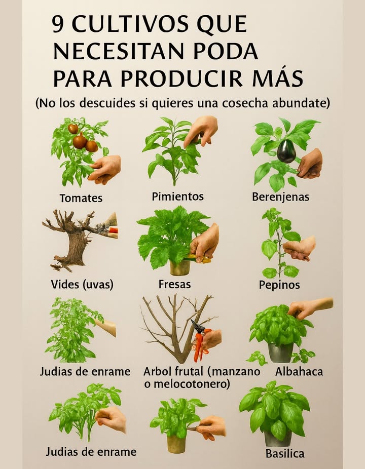 9 cultivos que se benefician enormemente si los podas a tiempo  descubre qué cortar y por qué

La poda no es solo una cuestión estética: mejora la salud de tus cultivos y aumenta su rendimiento. Aquí te presentamos 9 plantas que te lo agradecerán:

 Tomates  Motivo: Previene enfermedades y concentra la energía en los frutos.  Qué cortar: Chupones que crecen en las axilas y hojas amarillentas en la parte baja.

 Pimientos, dulces y picantes  Motivo: Fomenta ramificaciones productivas.  Qué cortar: La punta cuando la planta mide entre 15 y 20 cm, así como las hojas interiores muy densas.

 Berenjenas  Motivo: Obtienes mejores frutos al reducir la competencia.  Qué cortar: Hojas inferiores, brotes laterales y chupones una vez que aparezcan los frutos.

 Vides  Motivo: Las uvas responden favorablemente a una poda drástica.  Qué cortar: En invierno, elimina el 90% del crecimiento y deja solo 1 o 2 varas principales.

 Fresas  Motivo: Controlar los estolones previene el desgaste y mejora la producción.  Qué cortar: Después de cosechar, retira los estolones. Más adelante, quita las hojas viejas en otoño o primavera.

勒 Pepinos  Motivo: Una planta bien ventilada produce frutos más sanos.  Qué cortar: Hojas inferiores y brotes laterales antes del sexto nudo.

齃 Judías trepadoras  Motivo: La energía se canaliza mejor hacia las vainas.  Qué cortar: La parte superior cuando alcancen el tutor y tallos muy apiñados.

 Frutales: manzano, higuera, melocotonero  Motivo: Evitas ramas innecesarias y fomentas una fruta bien iluminada.  Qué cortar: Durante el reposo, elimina ramas cruzadas y las más débiles.

 Hierbas aromáticas: albahaca, menta, orégano  Motivo: Más hojas y menos floración.  Qué cortar: Botones florales y los últimos centímetros con frecuencia.