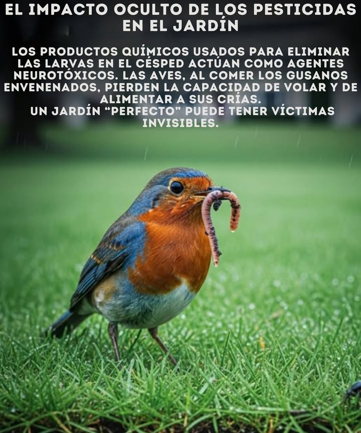 Los productos de control de larvas a menudo contienen pesticidas neurotóxicos que atacan a los insectos del suelo, pero los efectos no se detienen ahí. Las aves que se alimentan de lombrices de tierra o escarabajos envenenados absorben las mismas toxinas, lo que lleva a la parálisis y la muerte. Un tratamiento para el “césped perfecto” puede repercutir en toda una cadena alimentaria, desde el suelo hasta el ave cantando en su nido. Un césped verde no vale una primavera silenciosa.  Elige productos orgánicos o evita los químicos por completo.