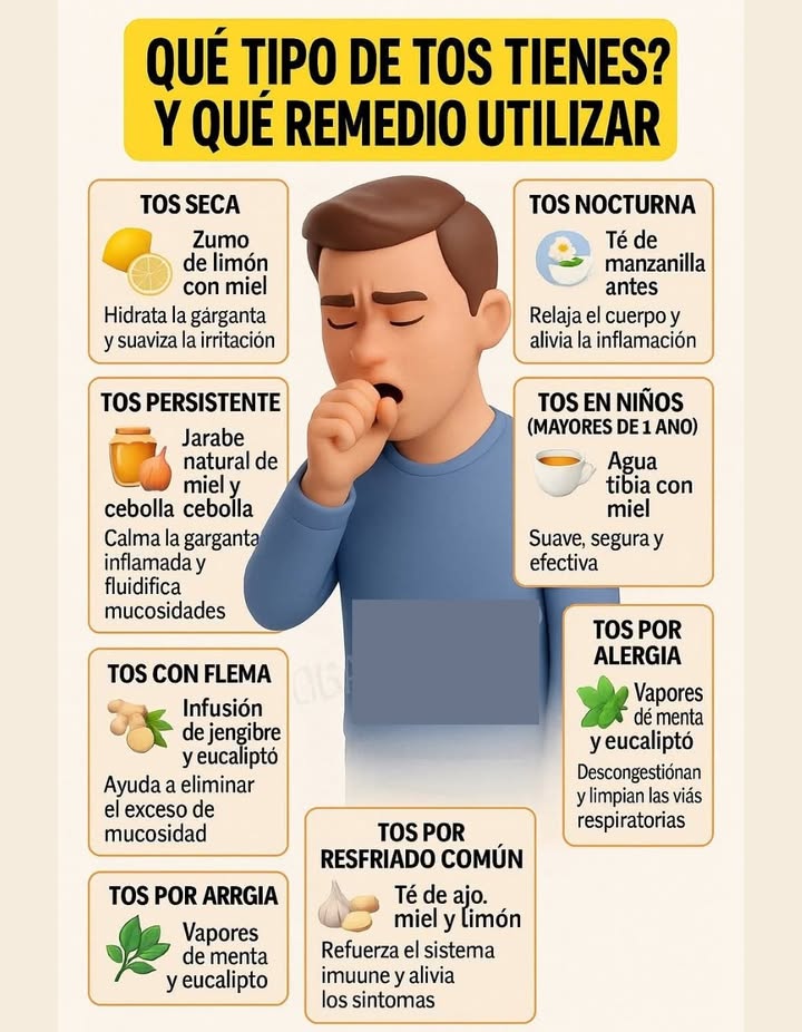 Tipos de tos y remedios naturales

Cada tipo de tos puede aliviarse con ingredientes sencillos y naturales, que suavizan la garganta y favorecen la recuperación del sistema respiratorio.

 Tos seca
Zumo de limón con miel.
 Hidrata la garganta y calma la irritación.

 Tos persistente
Jarabe natural de miel y cebolla.
 Suaviza la garganta inflamada y ayuda a eliminar mucosidades.

 Tos nocturna
Té de manzanilla antes de dormir.
 Relaja el cuerpo y alivia la inflamación.

 Tos en niños mayores de 1 año
Agua tibia con miel.
 Suave, segura y efectiva.

 Tos por alergia
Vapores de menta y eucalipto.
 Limpian las vías respiratorias y reducen la congestión.

龍 Tos por resfriado común
Té de ajo, miel y limón.
 Refuerza el sistema inmunitario y alivia los síntomas.

 Tos con flema
Infusión de jengibre y eucalipto.
 Favorece la eliminación del exceso de mucosidad.