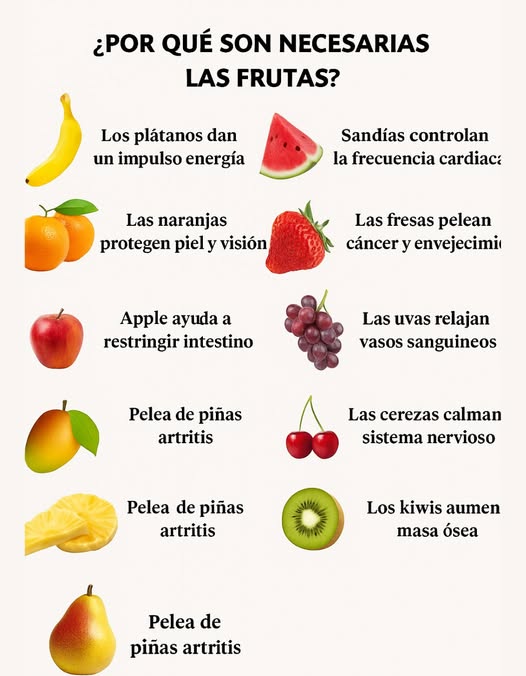Por qué son importantes las frutas?   
– Los plátanos proporcionan un impulso energético.  
– La sandía ayuda a regular la frecuencia cardíaca.  
– Las naranjas son esenciales para proteger la piel y la vista.  
– Las fresas tienen propiedades que combaten el cáncer y el envejecimiento.  
– Las manzanas fortalecen el sistema inmunológico.  
– Las uvas favorecen la relajación de los vasos sanguíneos.  
– Los mangos pueden ayudar a prevenir el cáncer.  
– Las cerezas son efectivas para calmar el sistema nervioso.  
– La piña es útil contra la artritis.  
– Los kiwis contribuyen al aumento de la densidad ósea.