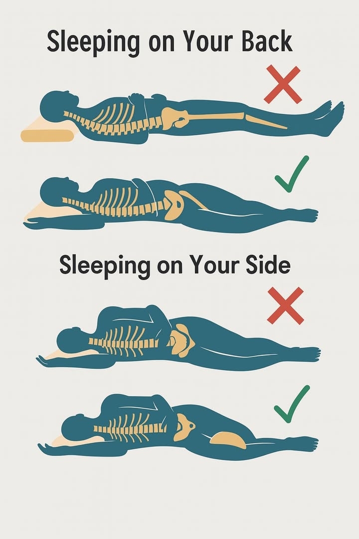 Sleep smart: fix your posture while you rest

 Sleeping on your back  wrong posture
 No knee support
 Spine arching too much
 Lower back pain

 Correct back sleeping
 Pillow under your knees
 Supportive neck pillow
 Keeps spine straight and tension-free

 Sleeping on your side  wrong posture
 Shoulder under pressure
 Spine twisted
 Hip pain

 Correct side sleeping
 Pillow between your knees
 Good neck and shoulder support
 Keeps spine perfectly aligned

 Better sleep, healthier posture!
