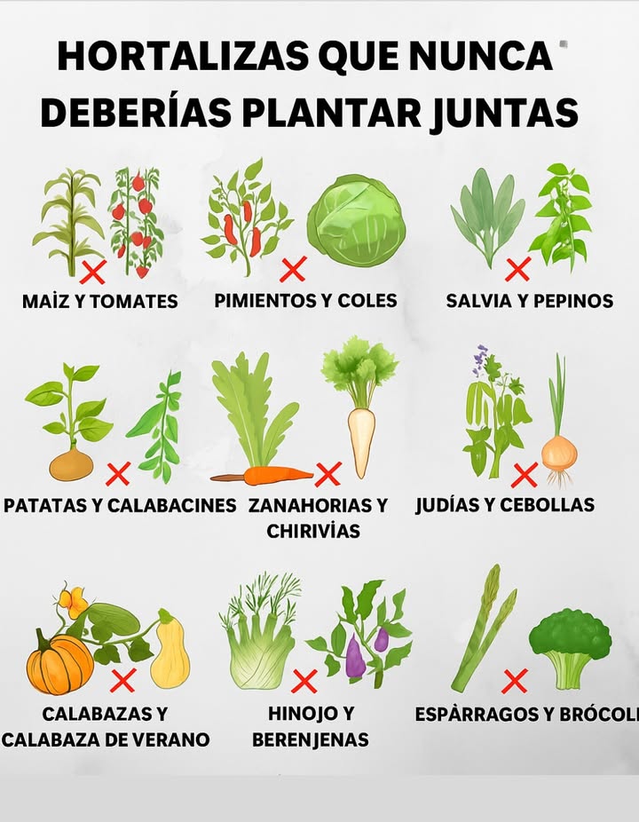 Evita combinar estas plantas para prevenir el crecimiento atrofiado, problemas de plagas o competencia por nutrientes.  
 El maíz y los tomates atraen las mismas plagas, como las orugas del mazorcas.  
 Los pimientos y el repollo pueden ralentizar el crecimiento del otro debido a necesidades de suelo incompatibles.  
 La salvia inhibe el desarrollo de los pepinos.  
 Las papas y los calabacines demandan muchos nutrientes y espacio, lo que lleva a la congestión.  
 Las zanahorias y los chirivías compiten bajo tierra, reduciendo los rendimientos.  
 Los frijoles liberan compuestos que pueden dañar las cebollas.  
 El hinojo interrumpe el desarrollo de las raíces de la berenjena.  
Planta con inteligencia para mantener tu jardín floreciente!