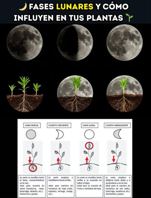 Fases lunares y cómo influyen en tus plantas 
La jardinería lunar es una práctica ancestral que aprovecha la influencia de la luna sobre la savia, la humedad del suelo y el desarrollo de las raíces. Así actúa cada fase:
 Luna Nueva
 Savia concentrada en las raíces.
 Siembra de tubérculos y raíces zanahoria, papa, remolacha.
 Poda de mantenimiento.
 Trasplantes para reducir estrés.
 Cuarto Creciente
 Savia sube hacia hojas y flores.
 Siembra de plantas de hoja lechuga, espinaca, acelga.
 Abonado rico en nitrógeno.
 Injertos y esquejes con mayor éxito.
 Luna Llena
 Máximo flujo de savia en la parte aérea.
 Cosecha de frutas y flores más sabor y aroma.
 Riego abundante: el suelo retiene mejor la humedad.
 Evita podar: la pérdida de savia sería mayor.
 Cuarto Menguante
 Savia desciende y fortalece raíces.
 Siembra de bulbos y tubérculos ajo, cebolla, zanahoria.
 Poda para estimular crecimiento en perennes y arbustos.
 Control de plagas y malezas con más efectividad.
 Sigue el calendario lunar y aprovecha cada fase para que tu huerto crezca fuerte y equilibrado.
#FasesLunares #JardineríaLunar  #PlantasFrescas