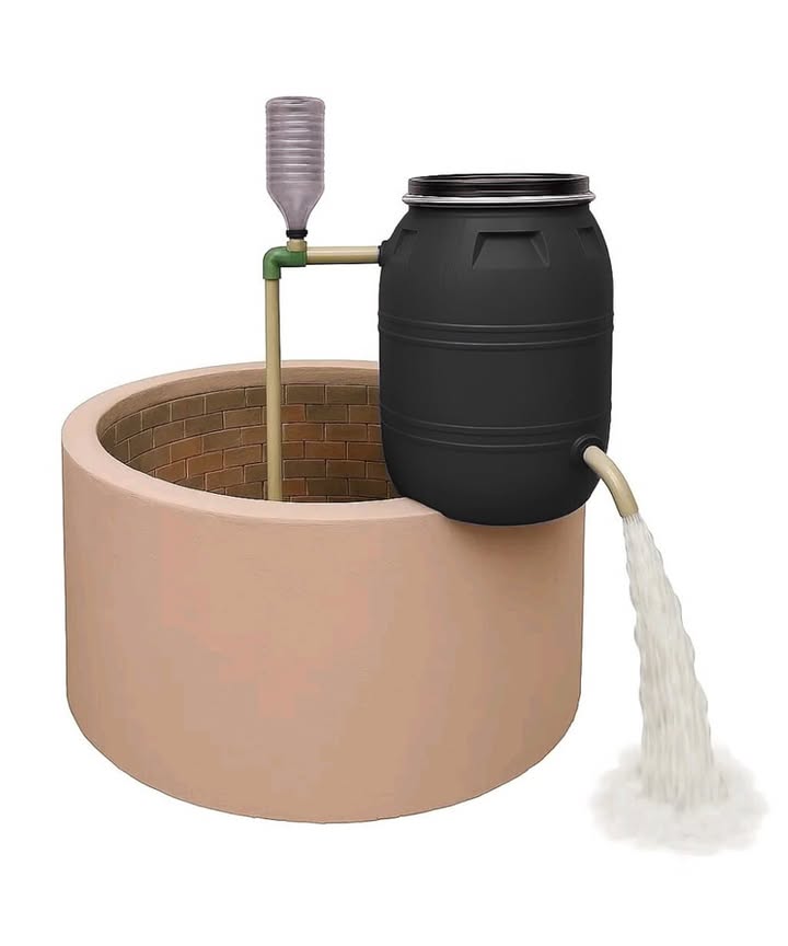 A plastic barrel designed to draw water from a deep well without using electricity or a pump.