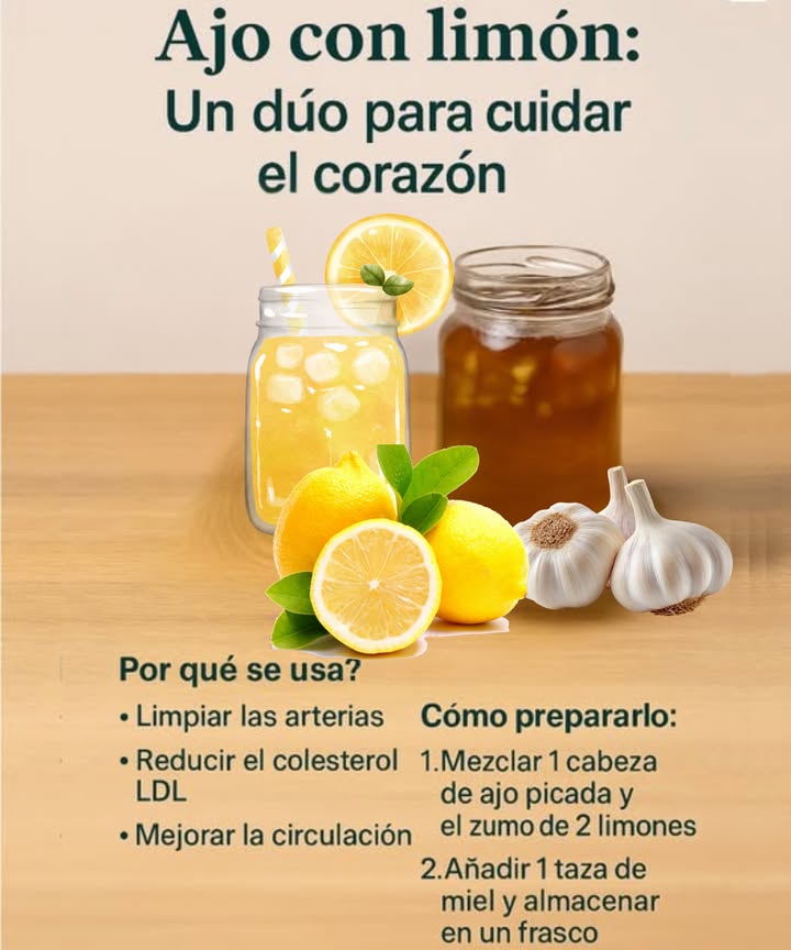 龍 Ajo con limón: Un dúo para cuidar el corazón
Por qué se usa? 
Muchas personas lo consumen como infusión o jarabe con la intención de:
– Limpiar las arterias.
– Reducir el colesterol LDL el malo.
– Mejorar la circulación sanguínea.
Propiedades del ajo
– Antioxidante y antiinflamatorio.
– Puede reducir triglicéridos y presión arterial.
– Contiene alicina, que favorece la salud vascular.
Propiedades del limón
– Rico en vitamina C y flavonoides.
– El limoneno podría ayudar a disminuir el colesterol LDL.
– Puede apoyar la regulación de la presión arterial-
Qué dice la ciencia? 
Aunque hay estudios que analizan sus efectos por separado y algunos sobre su combinación, aún se necesitan más investigaciones para confirmar su eficacia como tratamiento. Sin embargo, su uso como complemento dentro de una dieta saludable es considerado seguro y potencialmente beneficioso.