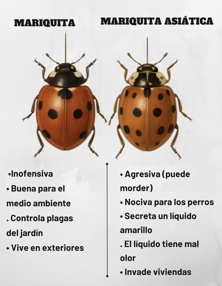MARIQUITA vs. MARIQUITA ASIÁTICA: Aprende a distinguirlas

 Mariquita nativa
 Inofensiva y beneficiosa
 Aliada del medio ambiente
 Controla plagas en el jardín
 Prefiere vivir al aire libre

 Mariquita asiática invasora
 Agresiva: puede morder
 Peligrosa para los perros
 Libera un líquido amarillo de mal olor
 Busca refugio en casas durante el frío

 Protége tu jardín y hogar conociendo a estas pequeñas aliadas o enemigas.