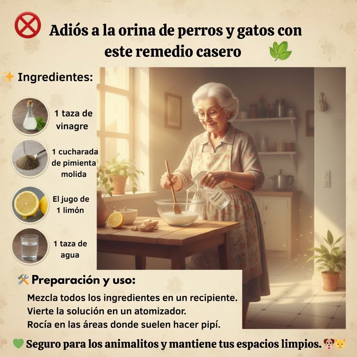 Adiós a la orina de perros y gatos con este remedio casero 
Si quieres evitar que tus mascotas o los animales callejeros orinen en ciertos lugares, prueba esta mezcla natural y efectiva.
 Ingredientes:
 1 taza de vinagre
 1 cucharada de pimienta
 El jugo de 1 limón
 1 taza de agua
 Preparación y uso:
1 Mezcla todos los ingredientes en un recipiente.
2 Vierte la solución en un atomizador.
3 Rocía en las áreas donde suelen hacer pipí.
Este remedio es seguro y ayudará a mantener los espacios limpios sin dañar a los animalitos.