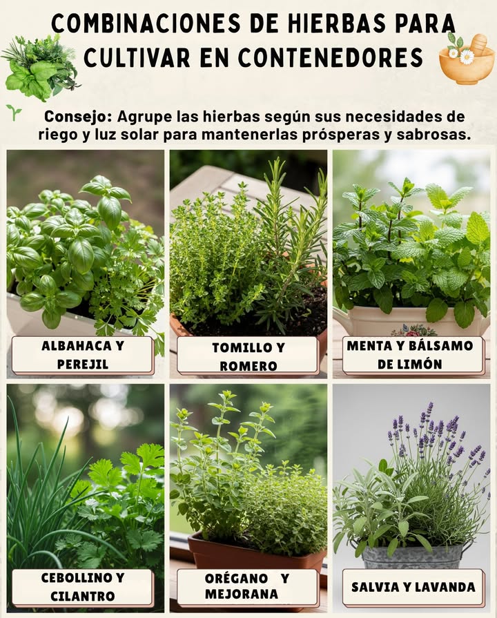 Magia de Combinaciones de Hierbas en Macetas 華  
Combinar hierbas no solo es inteligente, es delicioso y ahorra espacio! Aquí te mostramos cómo emparejarlas para tener macetas felices y fragantes:

 Albahaca  Perejil  
Prospera en suelo rico y húmedoperfectos compañeros de cocina.

 Tomillo  Romero  
Amantes del sol y tolerantes a la sequía, ideales para combinaciones resistentes.

 Menta  Melisa  
Refrescantes y calmantessolo asegúrate de que la menta no se apodere!

 Cebollino  Cilantro  
Ambos aman las temperaturas más frescas y la humedad constante.

 Orégano  Mejorana  
Amigos mediterráneos que prosperan uno al lado del otro.

 Salvia  Lavanda  
Prefieren suelos más secos y mucha luz solarideales para macetas de bajo mantenimiento.

 Consejo: Agrupa las hierbas según sus necesidades de riego y luz solar para mantenerlas saludables y sabrosas.