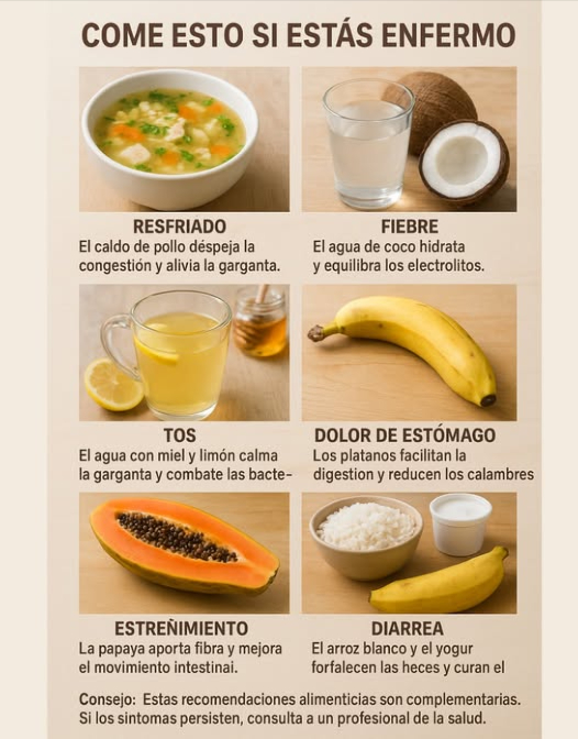 Alimentos recomendados para cuando no te sientes bien   
1 Resfriado: El caldo de pollo ayuda a despejar la congestión y alivia la garganta.  
2 Fiebre: El agua de coco es ideal para hidratar y equilibrar los electrolitos.  
3 Tos: Mezcla agua con miel y limón para suavizar la garganta y combatir bacterias.  
4 Dolor de estómago: Un plátano facilita la digestión y alivia calambres.  
5 Estreñimiento: La papaya es rica en fibra y mejora el tránsito intestinal.  
6 Diarrea: El arroz blanco y el yogur ayudan a fortalecer las heces y calman el intestino.  
7 Dolor de garganta: El jengibre o el clavo de olor pueden reducir la inflamación.  
Incorpora estos alimentos de manera equilibrada, complementándolos con líquidos, descanso y buena higiene.
