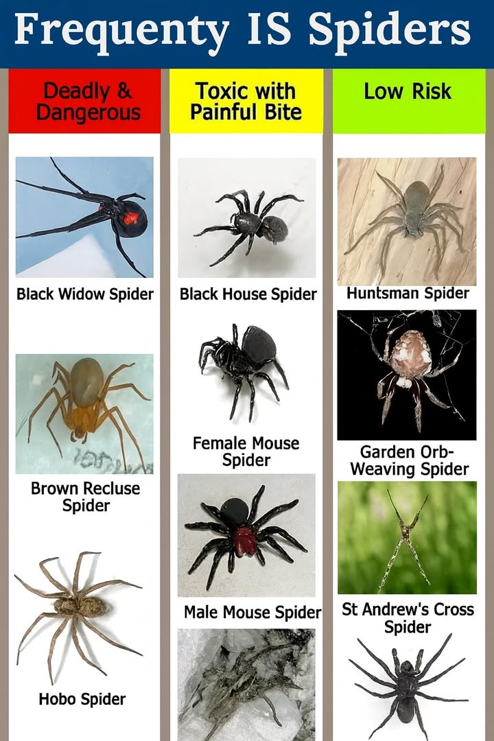 Common Spiders in the United States

Black Widow: Venomous and potentially deadly, identified by its shiny black body and red hourglass mark.

Brown Recluse: Dangerous, bite can cause serious tissue damage.

Hobo Spider: Toxic, painful bite but rarely fatal.

Black House Spider: Strong venom, causes intense pain.

Mouse Spiders male and female: Painful bites, rarely dangerous to humans.

Wolf Spider: Large and fast, bite may cause irritation but low medical risk.

Huntsman Spider: Harmless to humans, helps control insect populations.

Garden Orb-Weaver: Builds large webs, not dangerous.

St Andrews Cross Spider: Recognizable by its cross-shaped posture in the web.

Trapdoor Spider: Lives in burrows, low risk to humans.