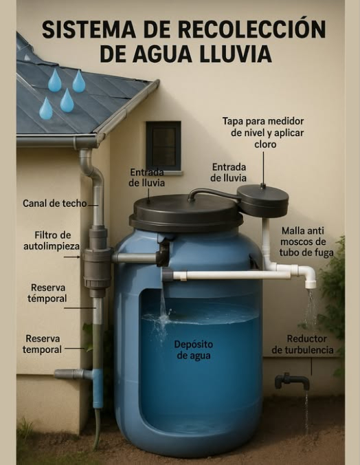 Recolección de Agua de Lluvia: Ahorra y Protege el Planeta 
La recolección de agua lluvia es una técnica ancestral presente en todo el mundo.
 Permite conservar recursos hídricos y aprovechar el agua de forma eficiente en hogares y granjas.
 Es clave en zonas con escasez o sequías frecuentes.

 Formas de Recolección
1.  En techos
Canaletas y tuberías que capturan el agua desde la cubierta hasta tanques o cisternas.
2.  Tanques de almacenamiento
Depósitos para guardar el agua recolectada y disponer de ella en periodos secos.
3.  Infiltración en suelos
Zanjas, pozos o áreas permeables que conducen la lluvia al subsuelo, recargando acuíferos.
4.  En espacios urbanos
Jardines, parques y pavimentos permeables con sistemas que desvían el agua de lluvia para su aprovechamiento o recarga.
 Beneficios Principales
1.  Conservación del agua
Reduce la extracción de ríos y lagos, asegurando reservas para todos.
2.  Control de escorrentía
Disminuye inundaciones, erosión y sedimentos en cauces.
3.  Protección ambiental
Menos uso de bombeo y tratamientos, bajando el consumo energético y la huella de carbono.
4.  Ahorro económico
Baja la factura de agua potable y reduce la dependencia de redes públicas.