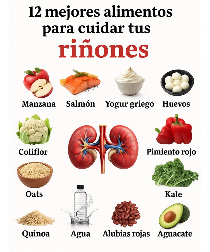12 Mejores Alimentos para Riñones Saludables! 陋喙  
 Manzana  Una fruta rica en fibra que ayuda a controlar el azúcar en sangre y el colesterol.  
 Salmón  Lleno de omega-3 que reduce la inflamación y protege la función renal.  
 Yogur Griego  Alto en proteínas y probióticos, suave para los riñones.  
讀 Huevos  Una excelente fuente de proteína limpia sin forzar los riñones.  
復 Coliflor  Una verdura versátil rica en vitaminas y compuestos amigables con la desintoxicación.  
 Pimiento Rojo  Cargado de antioxidantes y bajo en potasio.  
塞 Kale  Lleno de nutrientes, bajo en potasiogenial para comidas conscientes de los riñones.  
北 Avena  Un grano saludable para el corazón que apoya la función renal general.  
 Agua  El limpiador definitivo de riñones! Mantente hidratado para eliminar toxinas.  
 Quinua  Una proteína completa y alternativa de grano bajo en sodio.  
樂 Frijoles Kidney  Naturalmente nombrados y naturalmente apoyando la salud renal.  
陋 Aguacate  Grasas saludables y fibra, pero disfrútalo con moderación cuidado con el potasio!.  
 Consejo Rápido:  
Combina estos alimentos con un estilo de vida activo y chequeos regulares para mantener tus riñones en óptimas condiciones!