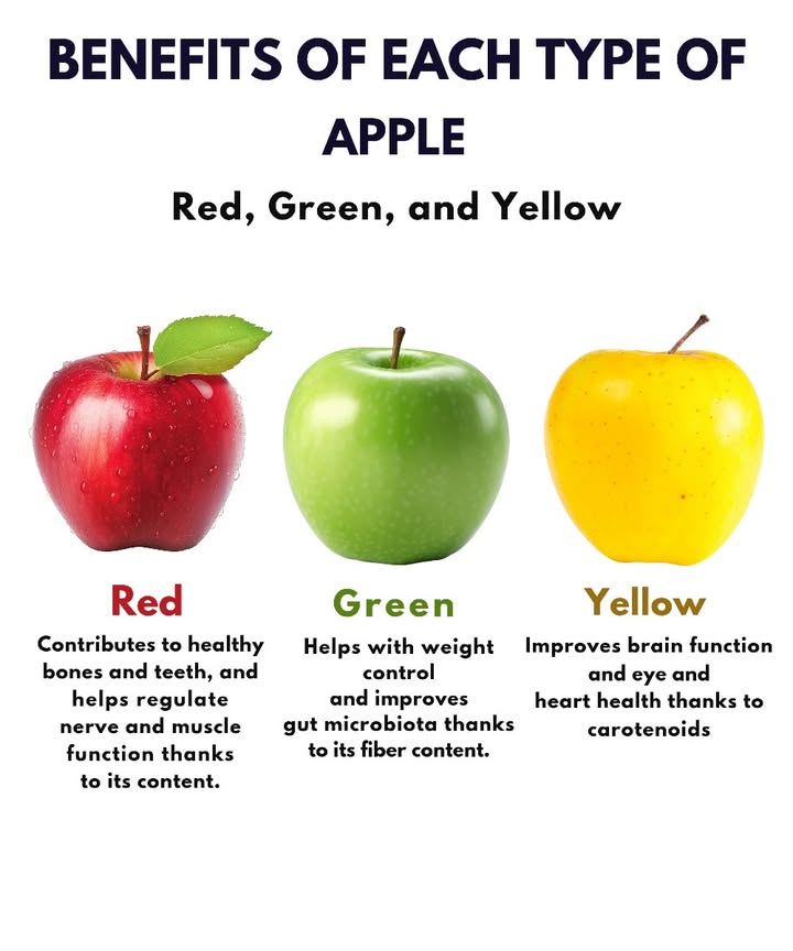 Each type of apple offers different health benefits.
 Red apples support bone and dental health and help regulate nerve and muscle function due to their natural polyphenols.
 Green apples assist with weight management and improve gut health because of their high fiber content.
 Yellow apples support brain function and help protect eye and heart health thanks to carotenoids.

A simple and natural fruit that brings daily balance to the body and mind. 

#naturalhealth #fruitbenefits