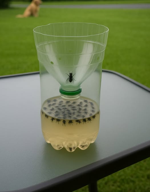 Tuve que sacar esto porque las moscas de este año son RIDÍCULAS… Publiqué esta trampa que hice en 2015, así que les doy la receta para que puedan hacer una… REALMENTE FUNCIONA.  
1/2 taza de azúcar, 1/4 taza de vinagre, 1/2 taza de agua caliente, 1 cucharadita de sal. Y mezclar todo en la botella… Corta la parte del embudo y dale la vuelta.