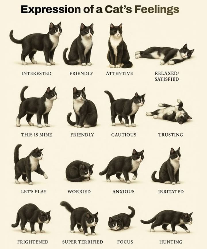 Decoding Your Cat!  Understanding Feline Feelings
 Happy & Content Cats:
 Interested  Upright posture, ears forward, alert tail
 Friendly  Relaxed body, soft gaze, gentle tail swish
 Attentive  Ears forward, eyes locked, still posture
 Relaxed  Lying down, stretched out, may be purring
 Trusting  Shows belly, limbs relaxed  ultimate sign of comfort!

 Possessive & Playful:
 This is Mine!  Rubs on objects or you! to mark territory
 Lets Play!  Wiggles rear, pounces, pupils wide with excitement

 Anxious & Unhappy:
 Nervous Greeting  Tail tucked slightly, avoids eye contact
 Cautious  Low posture, ears slightly back, tense muscles
 Worried  Hunched body, tightly tucked tail, wide eyes
 Anxious  Pacing, restlessness, obsessive grooming
 Irritated  Flicking tail, ears flat, rigid body

 Scared & Focused:
 Frightened  Arched back, puffed-up fur, hissing or growling
 Terrified  Flattened body, wide eyes, may urinate from fear
 Focused  Crouched low, still tail, eyes locked on target
 Hunting Mode  Tail twitching, crouched posture, intense stare