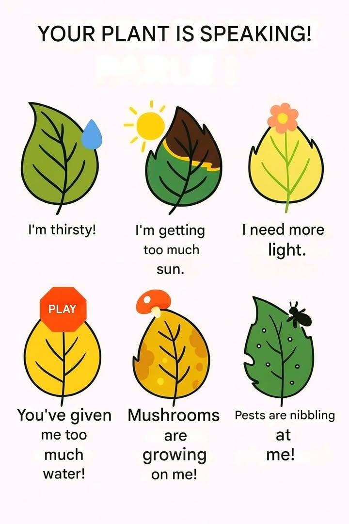 Signs Your Plant Is Talking to You

 Droopy, soft leaves: your plant is thirsty  water it moderately.

 Brown or burnt edges: too much sun  move it to a shadier spot.

 Pale leaves: not enough light  place it closer to a bright source.

 Yellowing leaves: overwatering  reduce the frequency.

 Spots or mold: fungus is present  improve airflow and treat promptly.

 Holes in leaves: pests are feeding  inspect and use a suitable control method.