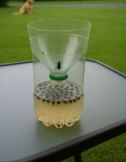 Tuve que sacar esto porque las moscas de este año son RIDÍCULAS… Publiqué esta trampa que hice en 2015, así que les doy la receta para que puedan hacer una… REALMENTE FUNCIONA.
1/2 taza de azúcar, 1/4 taza de vinagre, 1/2 taza de agua caliente, 1 cucharadita de sal. Y mezclar todo en la botella… Corta la parte del embudo y dale la vuelta.